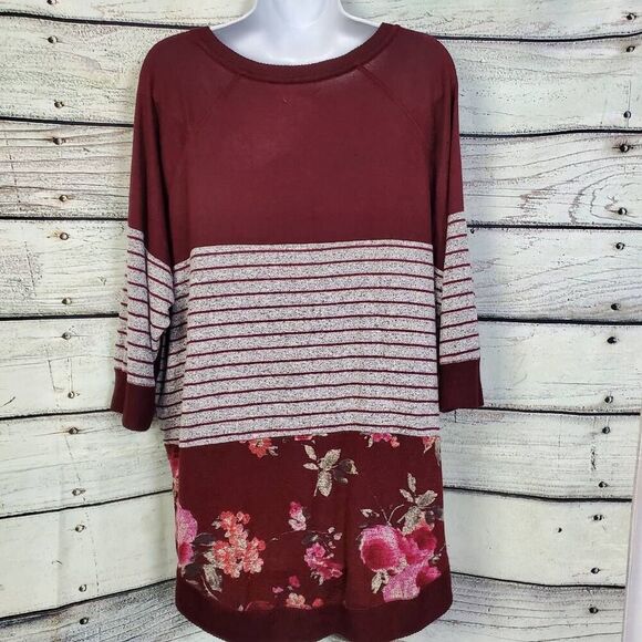 Maurices Women’s 1X Maroon Striped Floral Knit Top Oversized Sweater - Picture 5 of 8